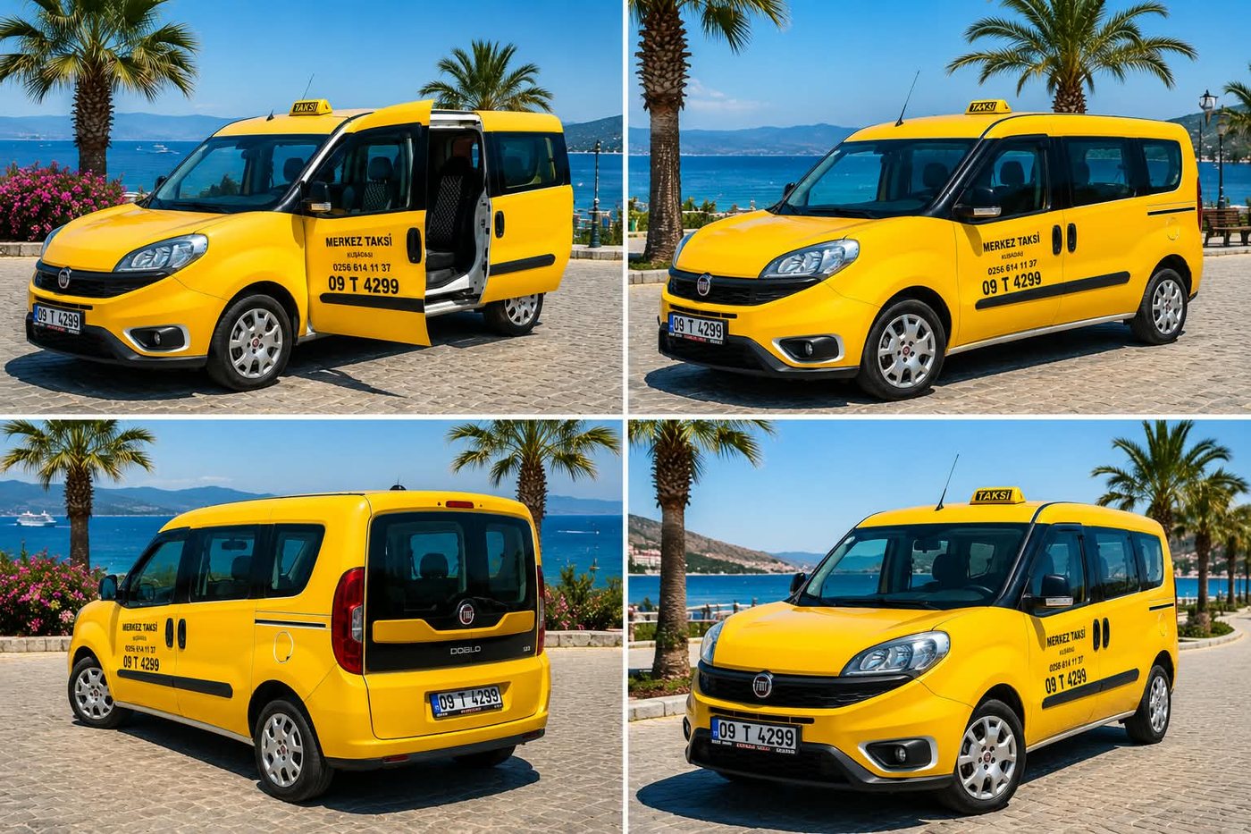 Four views of Akın Taxi's yellow Fiat Doblo minivan: side door open, front, rear and three-quarter view