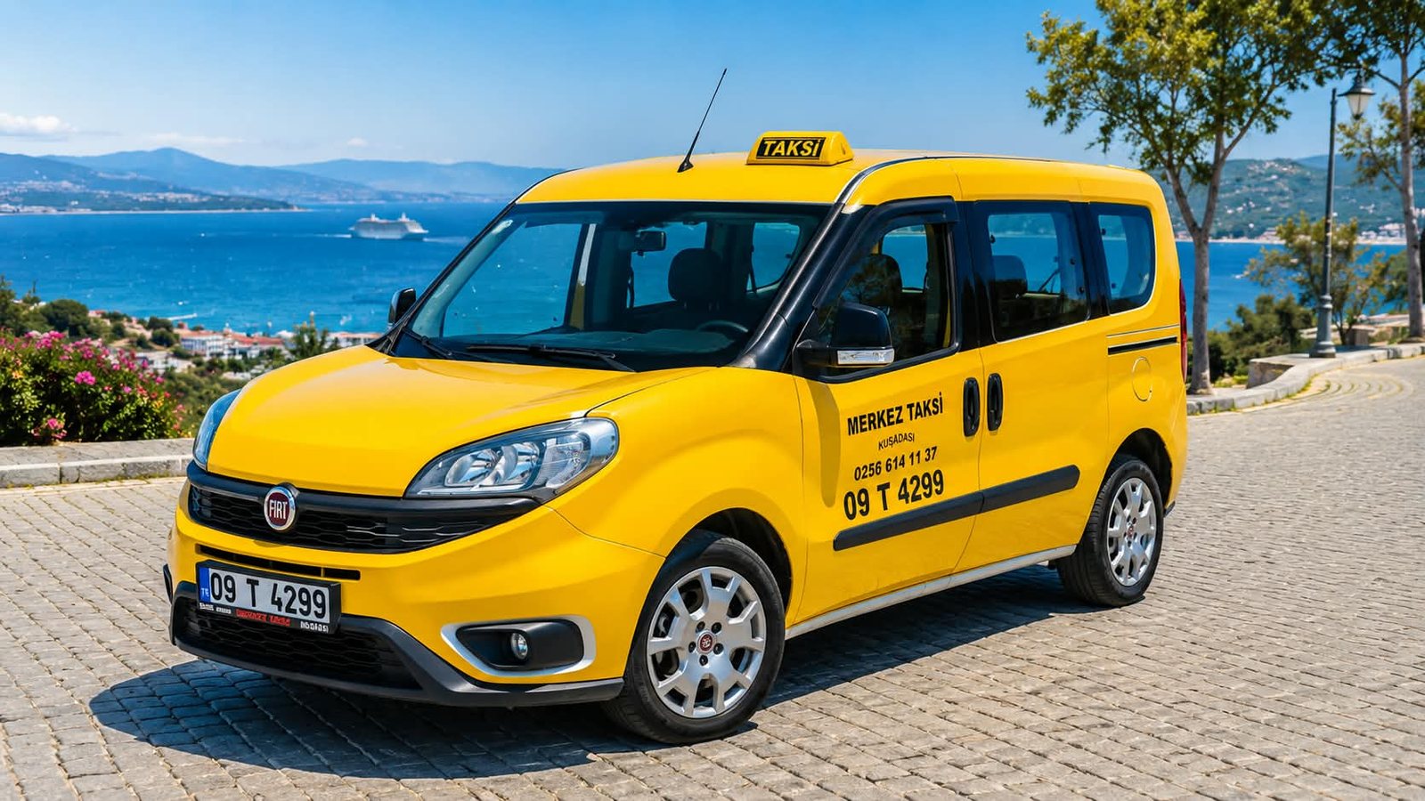 Akın Taxi's licensed yellow minivan parked above Kusadasi with a cruise ship in the bay