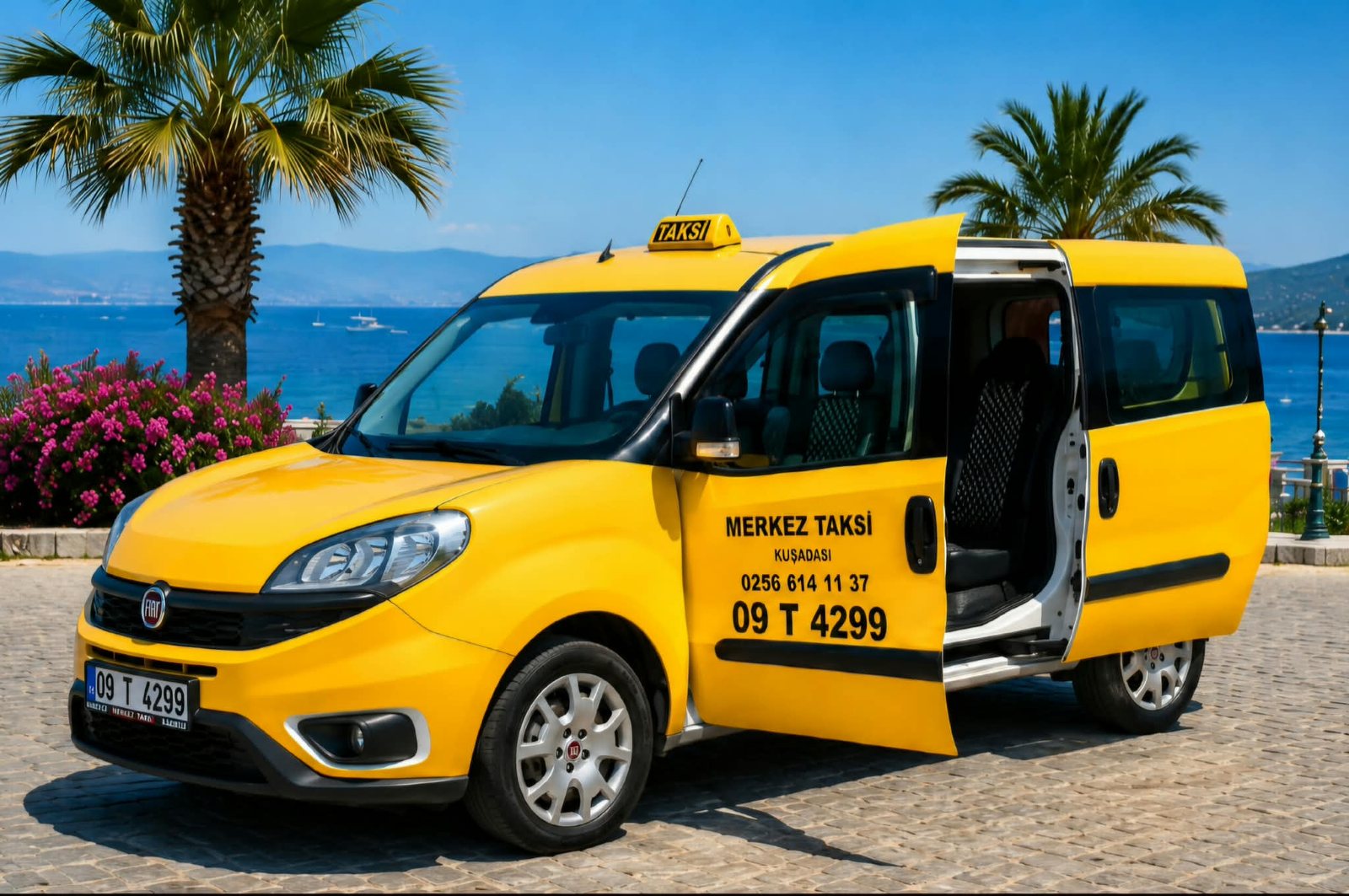 Akın Taxi's yellow Fiat Doblo minivan with the sliding door open, showing the spacious 7-seat interior, Kusadasi bay behind